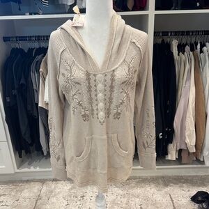 Embroidered Waffle-Knit Hooded Pullover - Cream